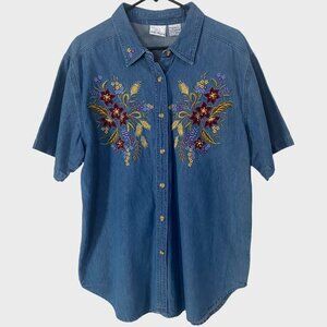 Vintage Bobbie Brooks Embroidered Floral Print Denim Button-Up Shirt Women's XL